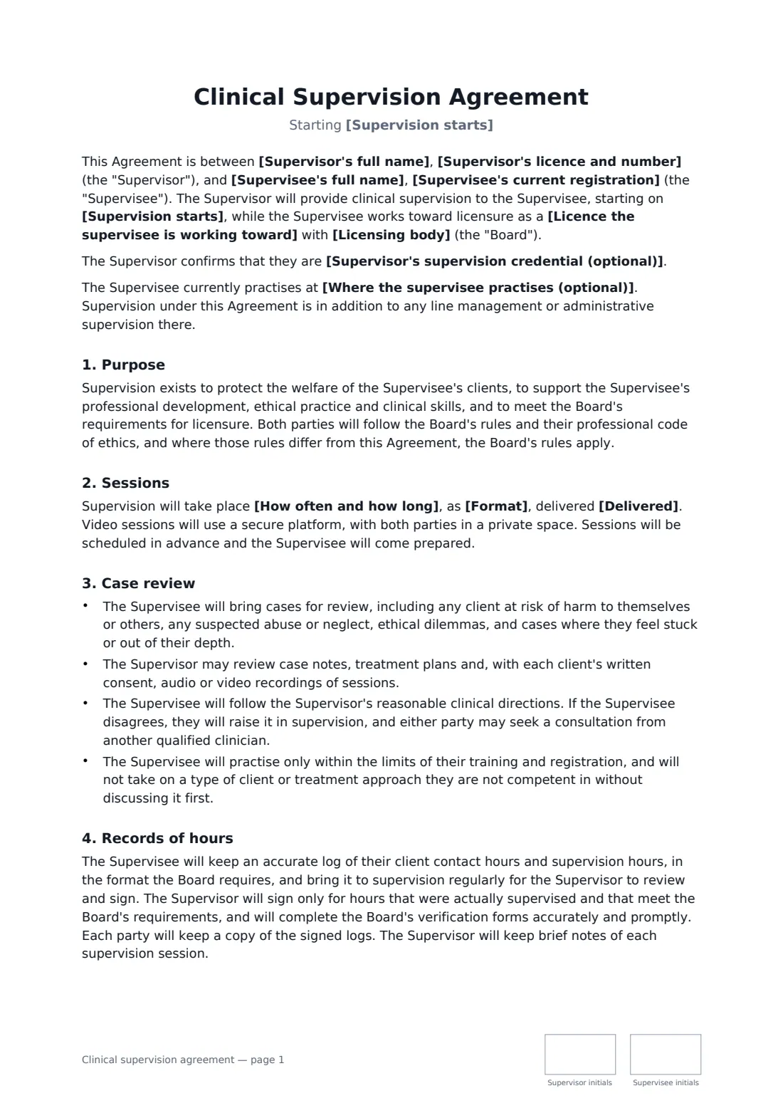 Clinical supervision agreement — page 1 of 3