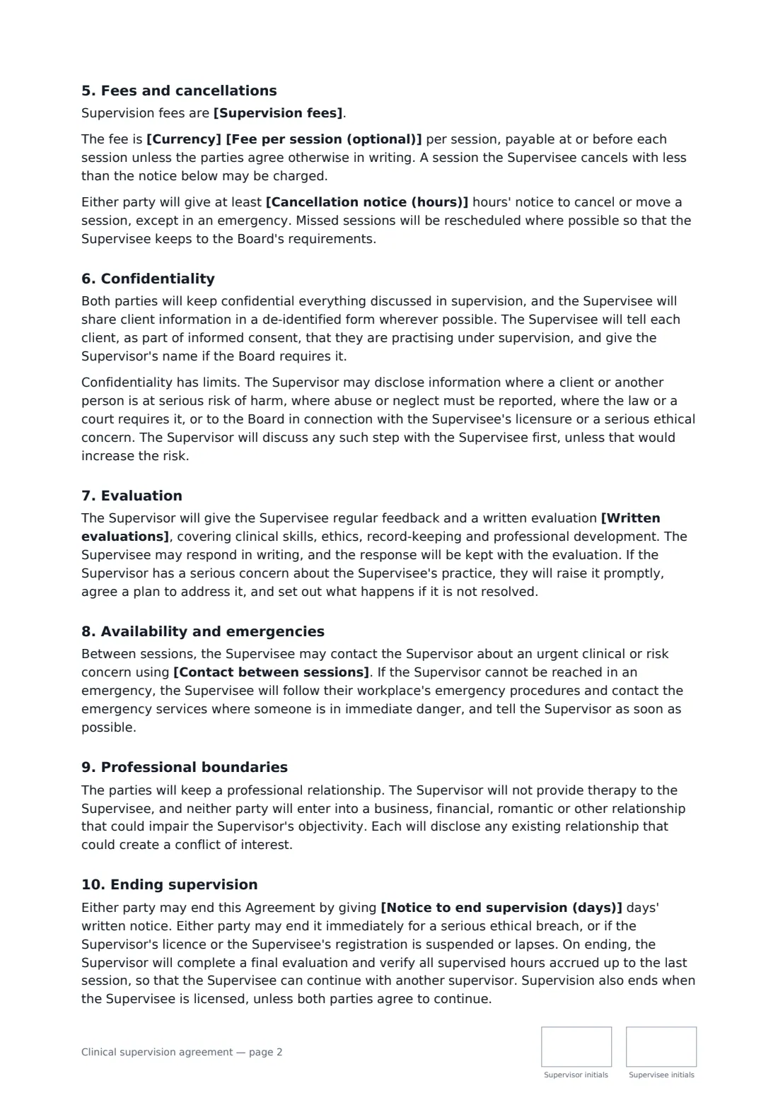 Clinical supervision agreement — page 2 of 3