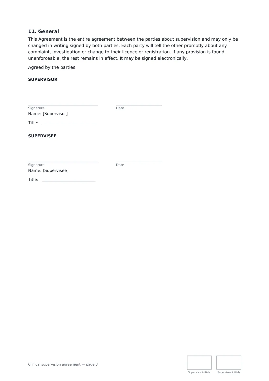 Clinical supervision agreement — page 3 of 3