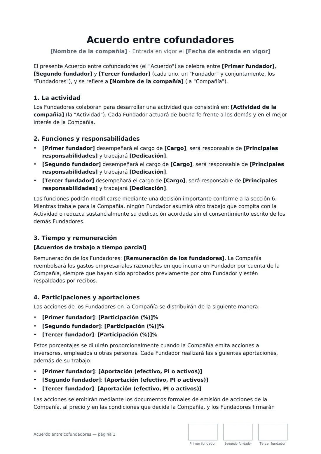 Acuerdo entre cofundadores: página 1 de 4