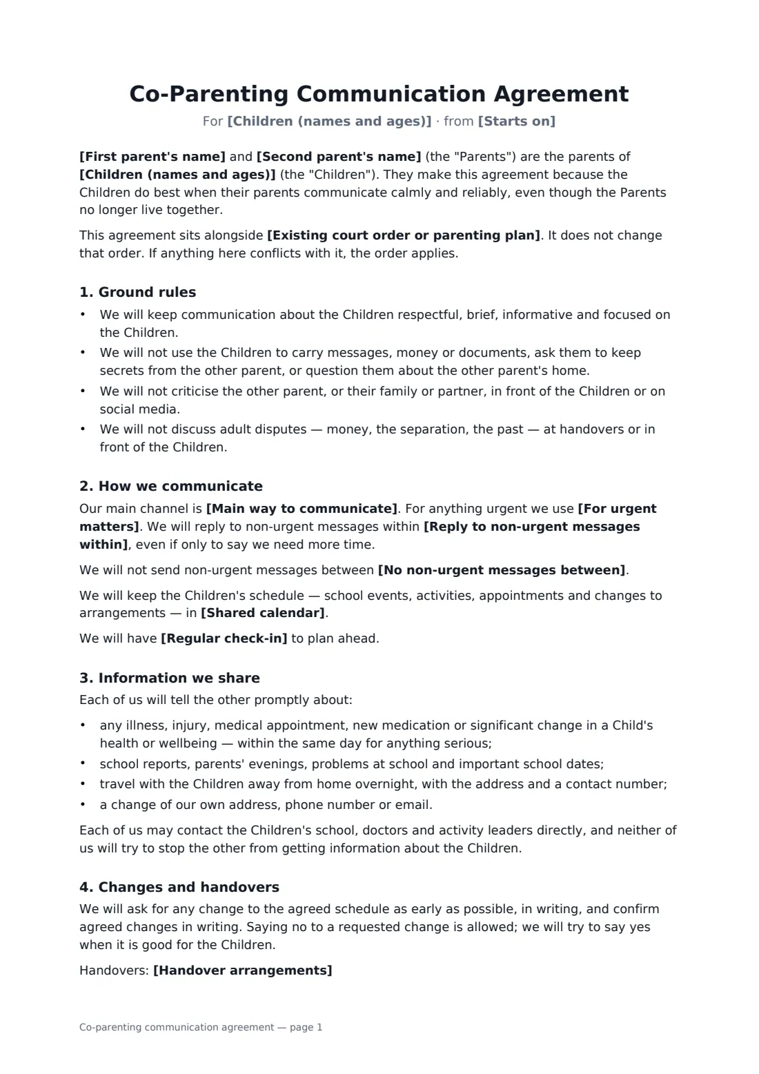 Co-parenting communication agreement — page 1 of 2