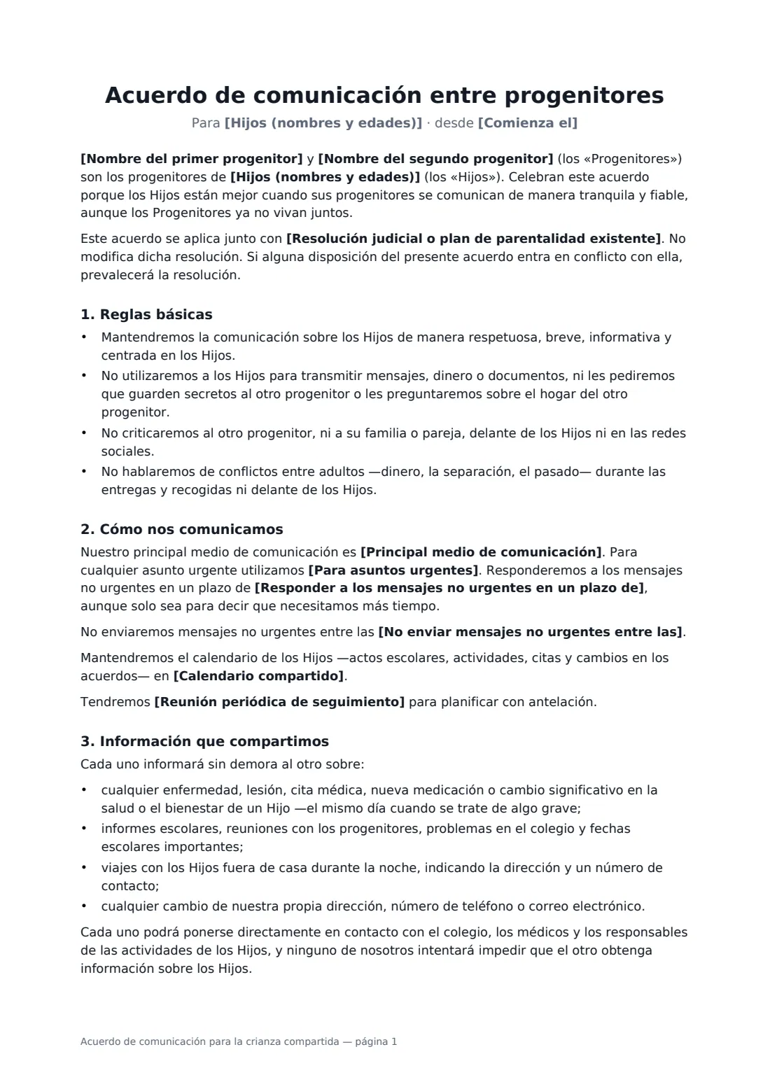 Acuerdo de comunicación para la crianza compartida: página 1 de 2