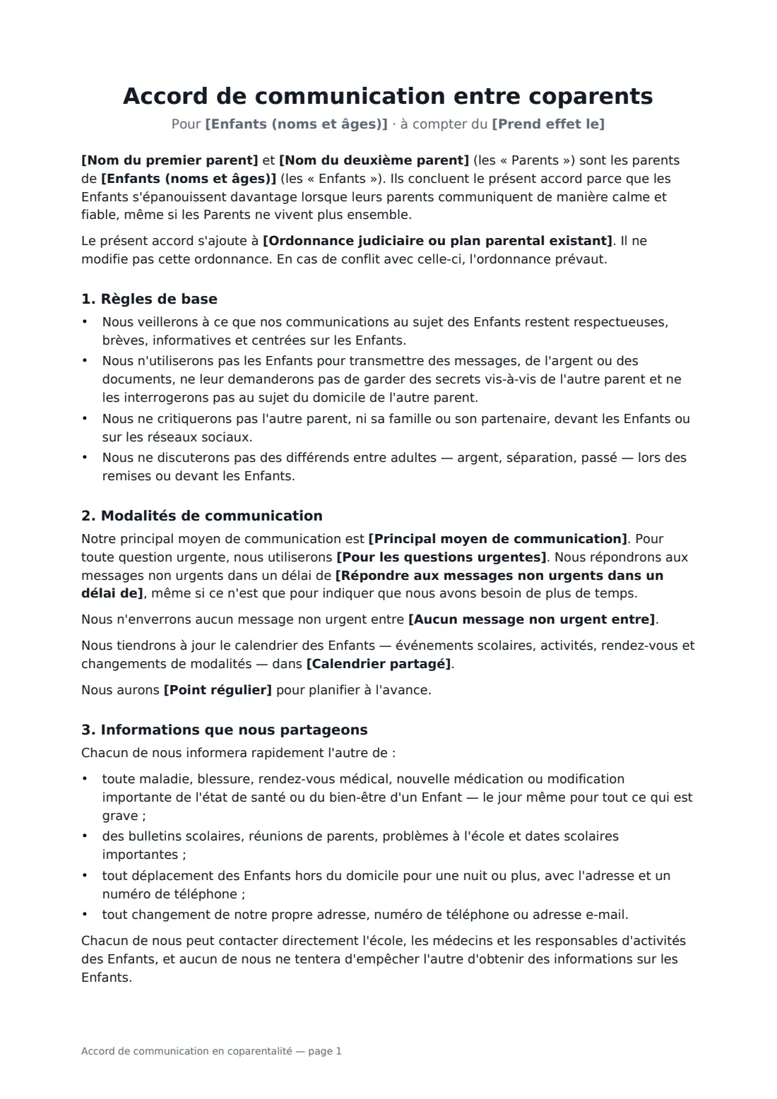 Accord de communication en coparentalité — page 1 sur 2