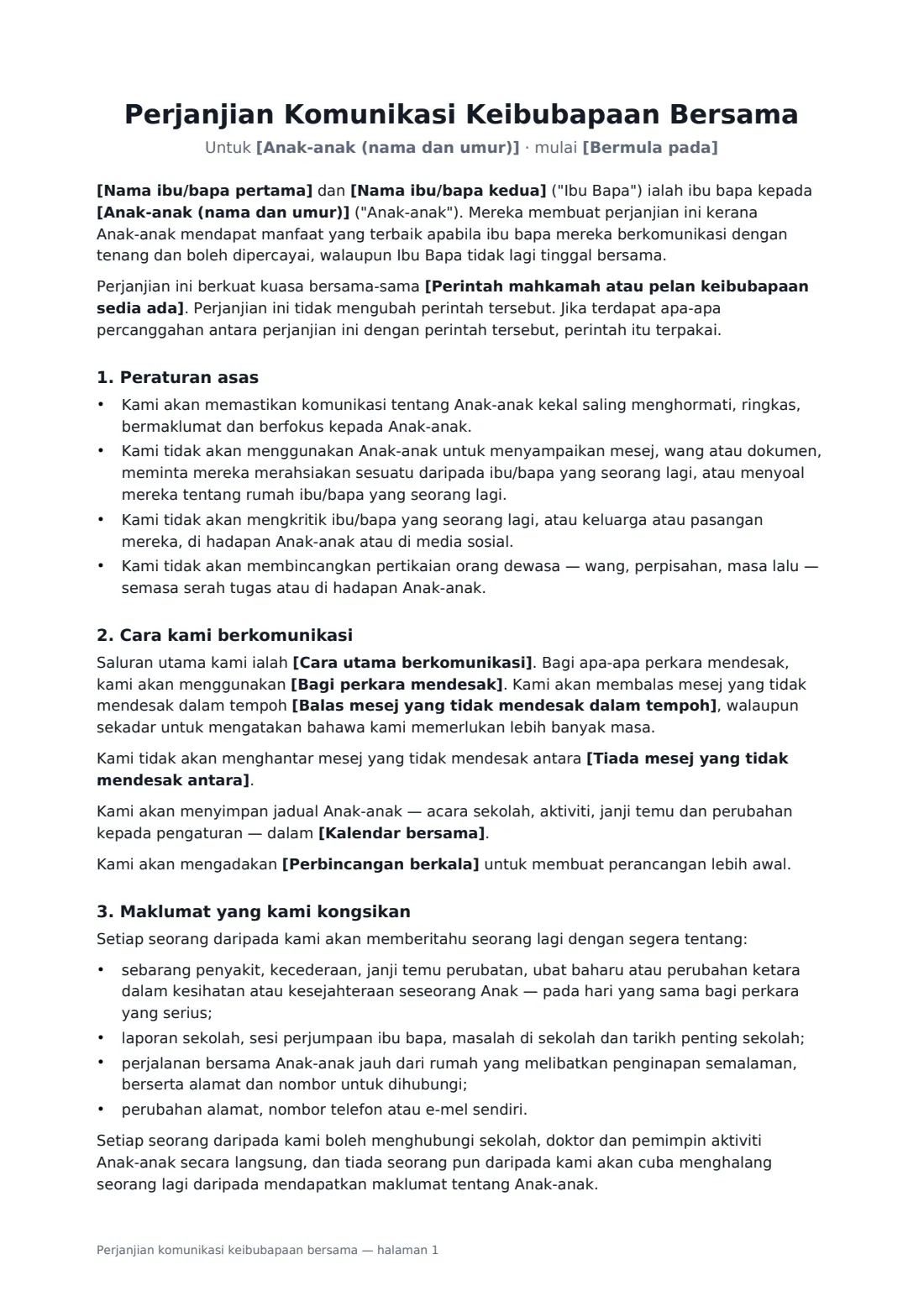 Perjanjian komunikasi keibubapaan bersama — halaman 1 daripada 2