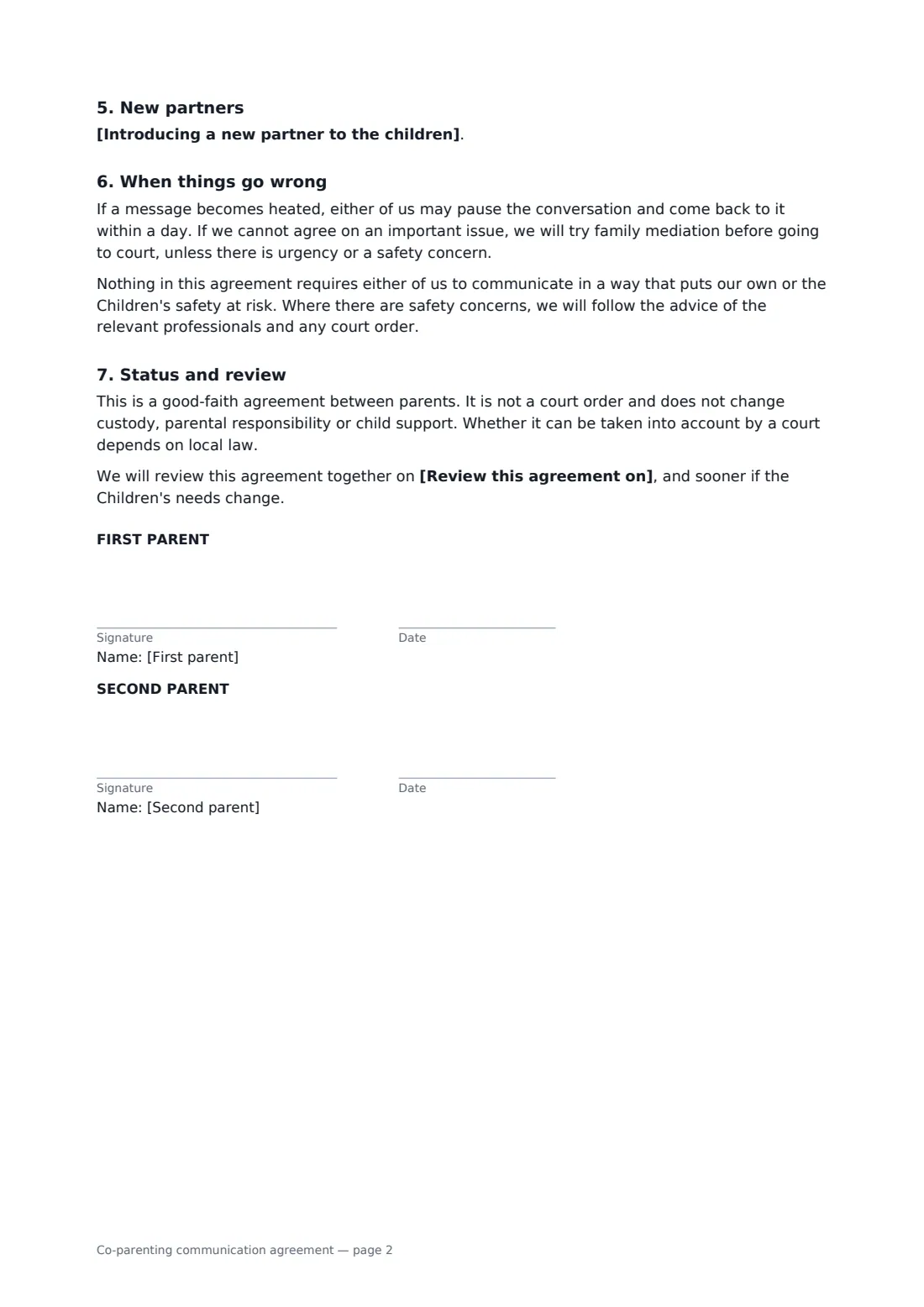 Co-parenting communication agreement — page 2 of 2