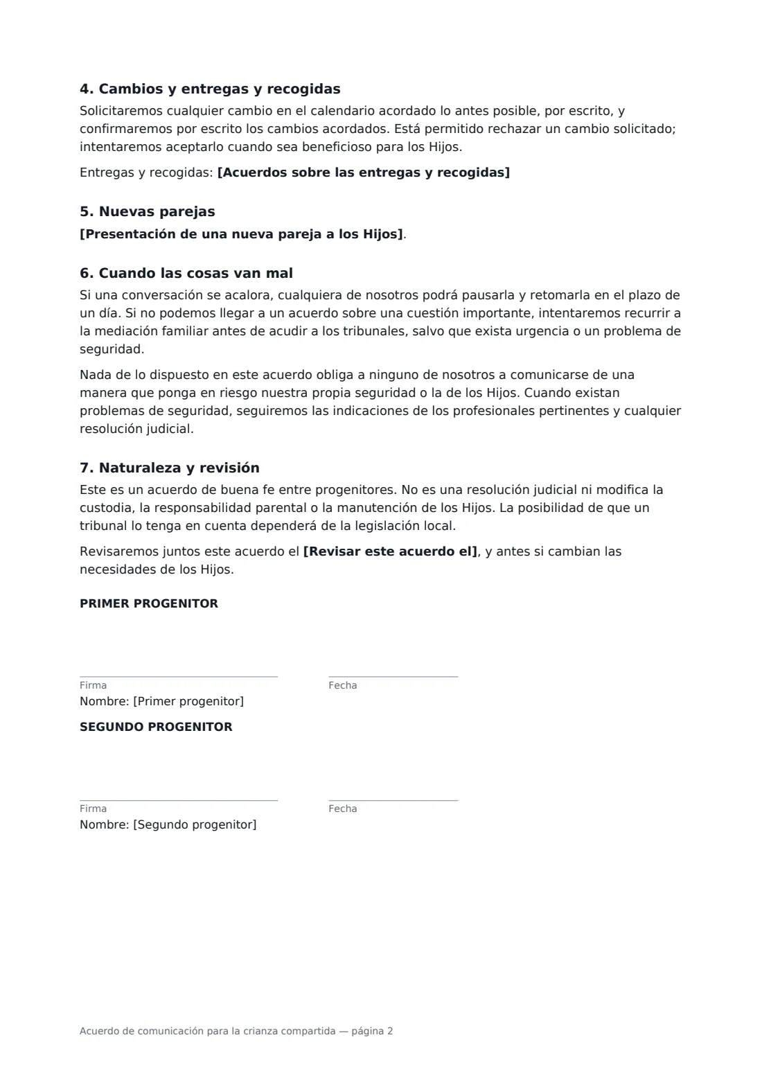 Acuerdo de comunicación para la crianza compartida: página 2 de 2