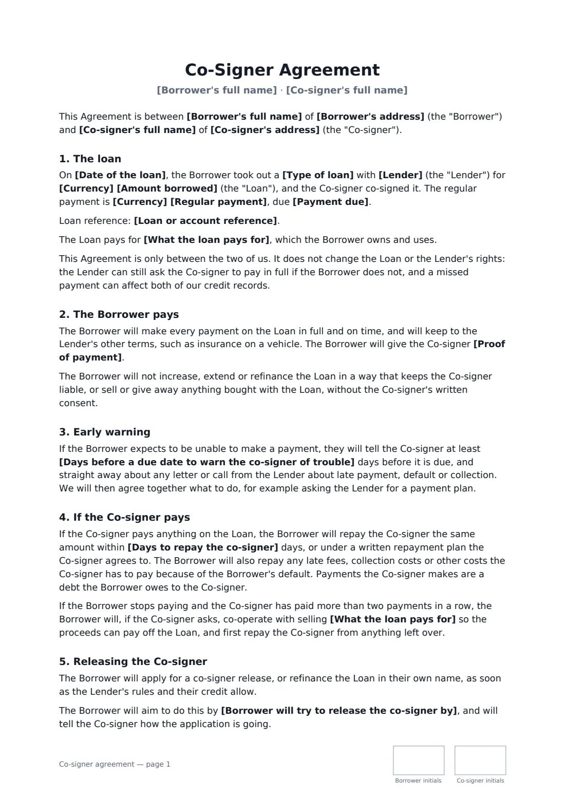 Co-signer agreement — page 1 of 2