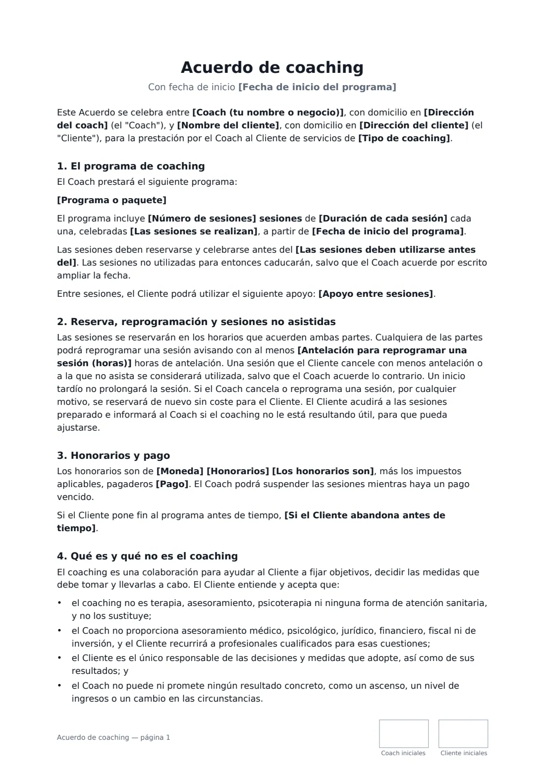 Acuerdo de coaching: página 1 de 3