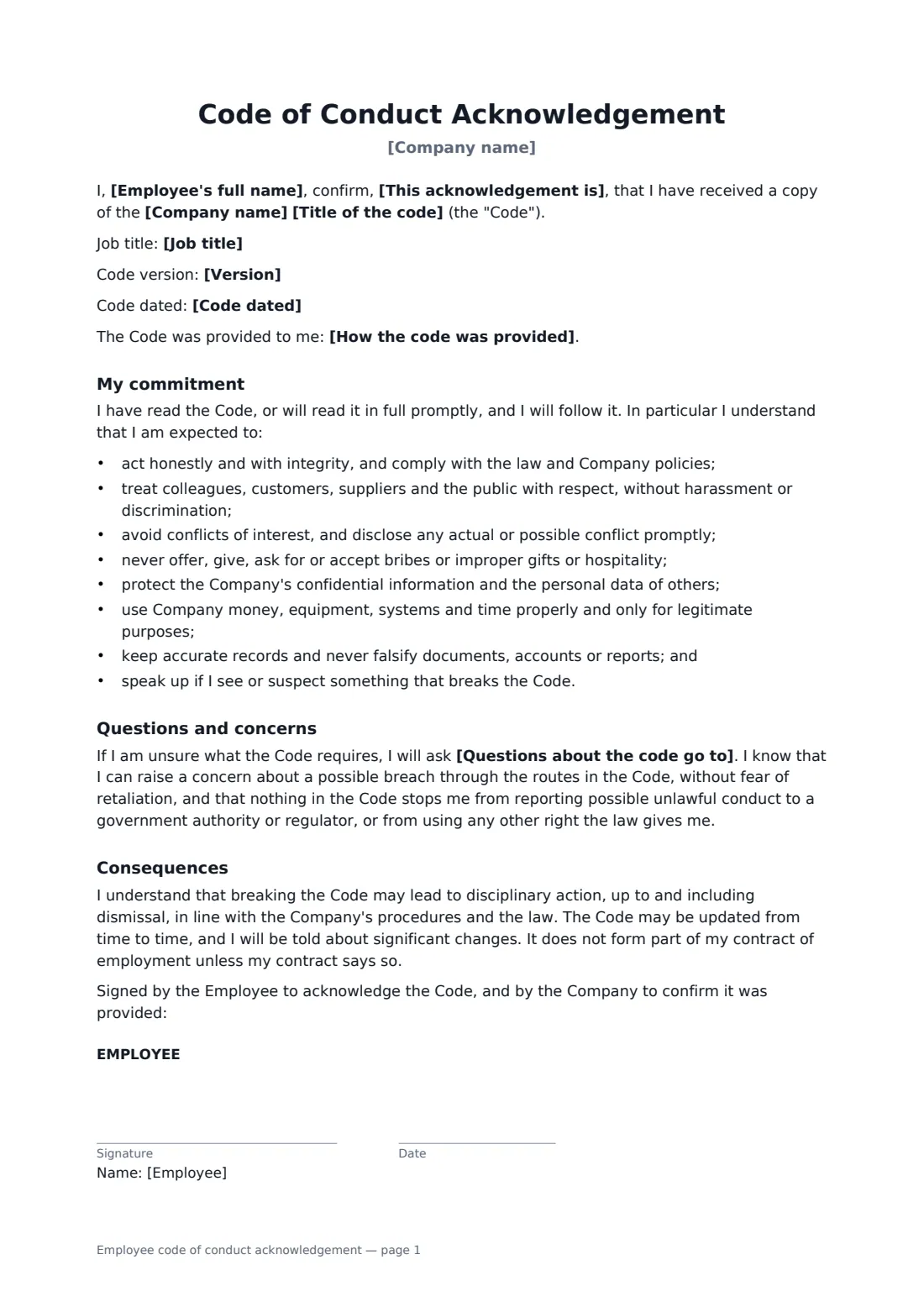 Employee code of conduct acknowledgement — page 1 of 2