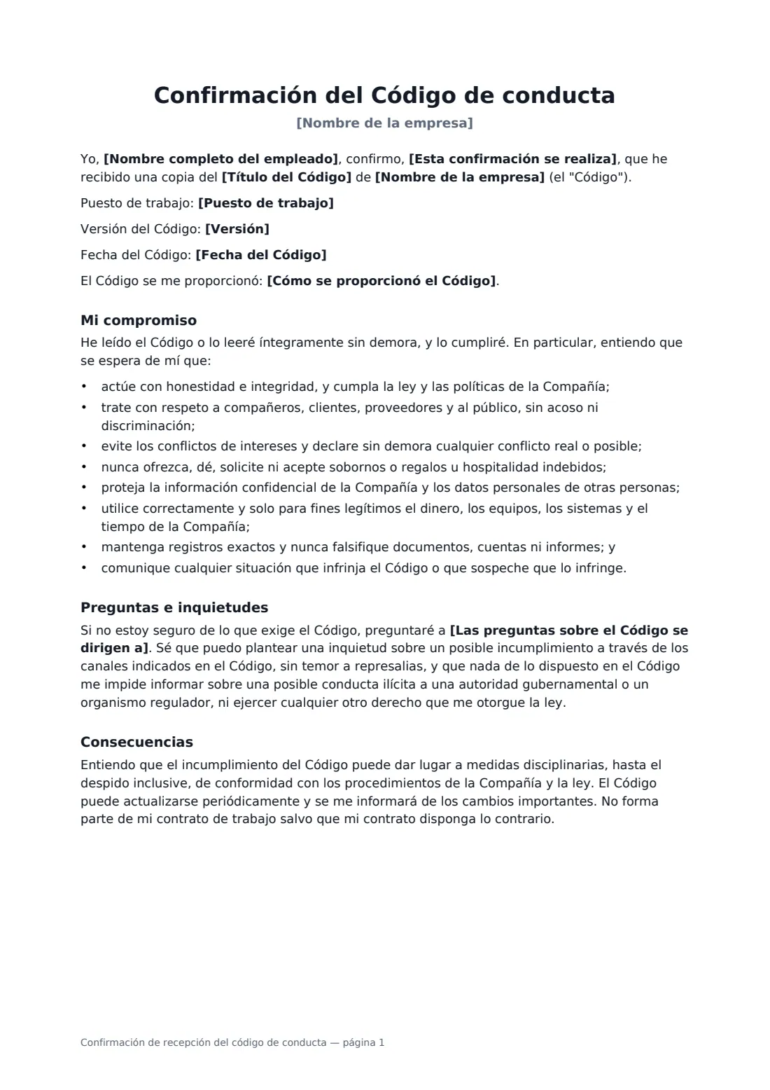 Confirmación de recepción del código de conducta: página 1 de 2