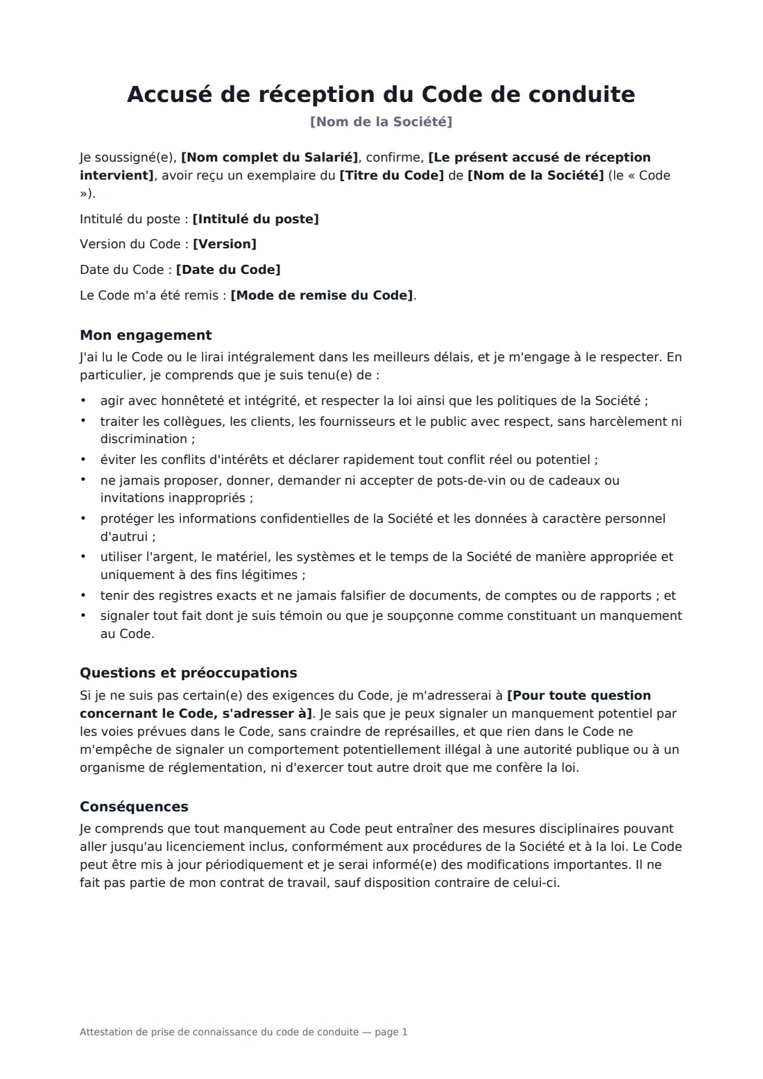 Attestation de prise de connaissance du code de conduite — page 1 sur 2