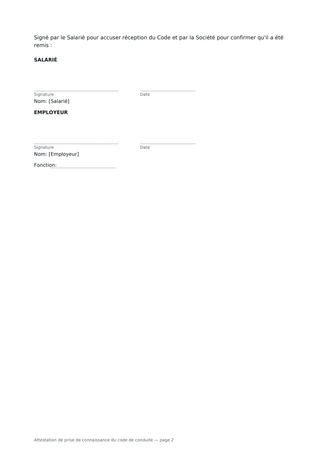 Attestation de prise de connaissance du code de conduite — page 2 sur 2