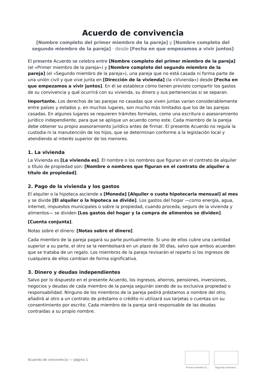 Acuerdo de convivencia: página 1 de 3