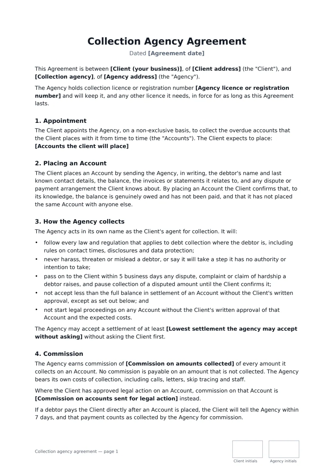 Collection agency agreement — page 1 of 3