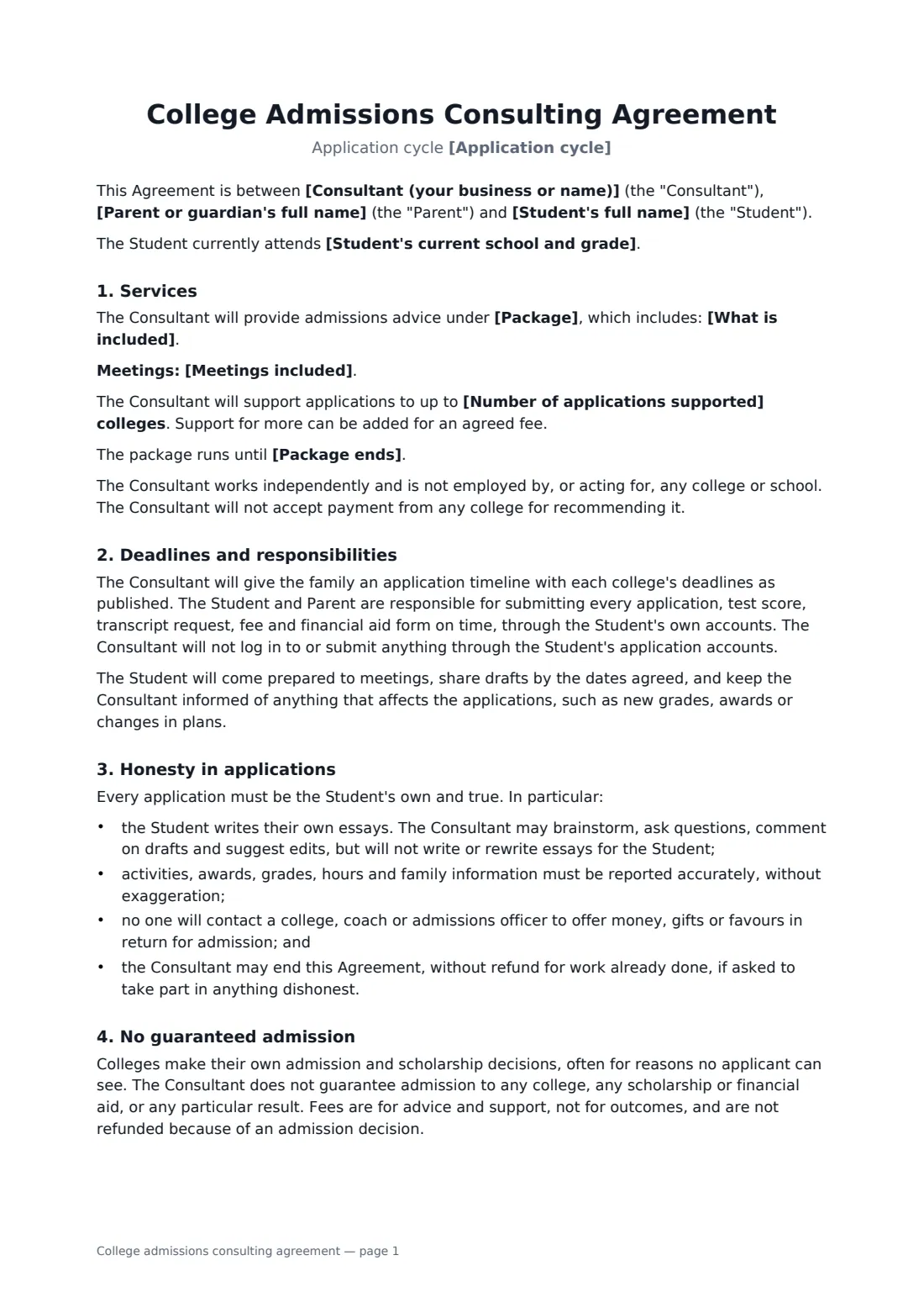 College admissions consulting agreement — page 1 of 2