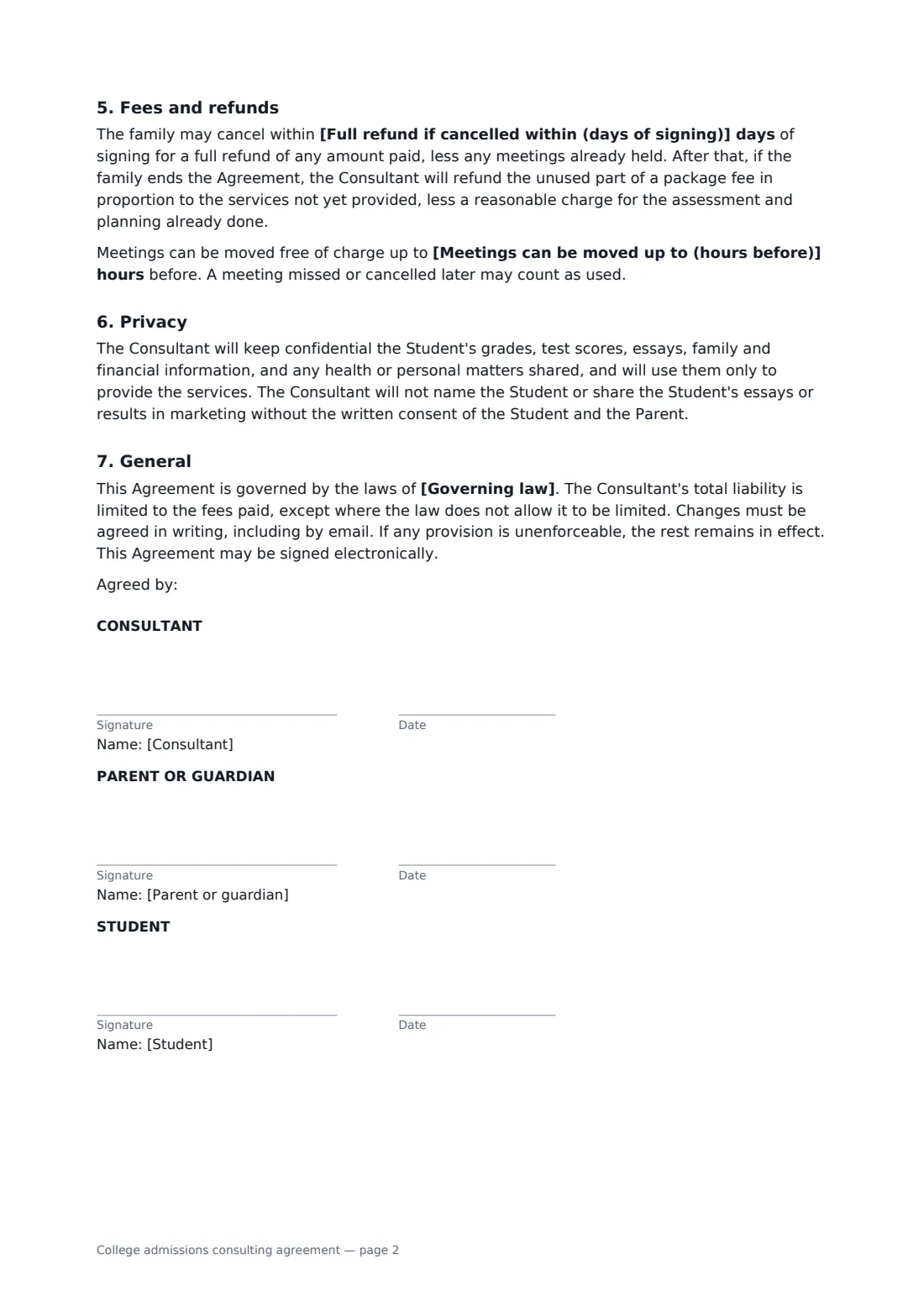 College admissions consulting agreement — page 2 of 2