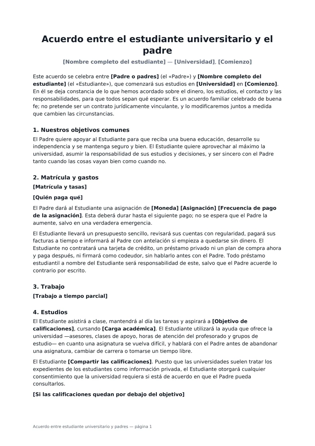 Acuerdo entre estudiante universitario y padres: página 1 de 2
