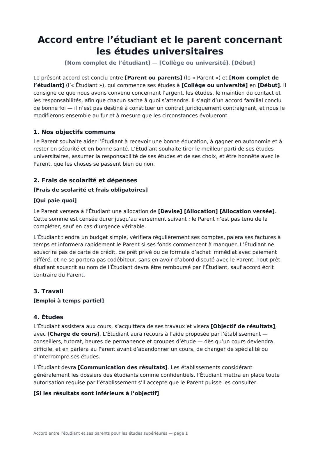 Accord entre l’étudiant et ses parents pour les études supérieures — page 1 sur 3