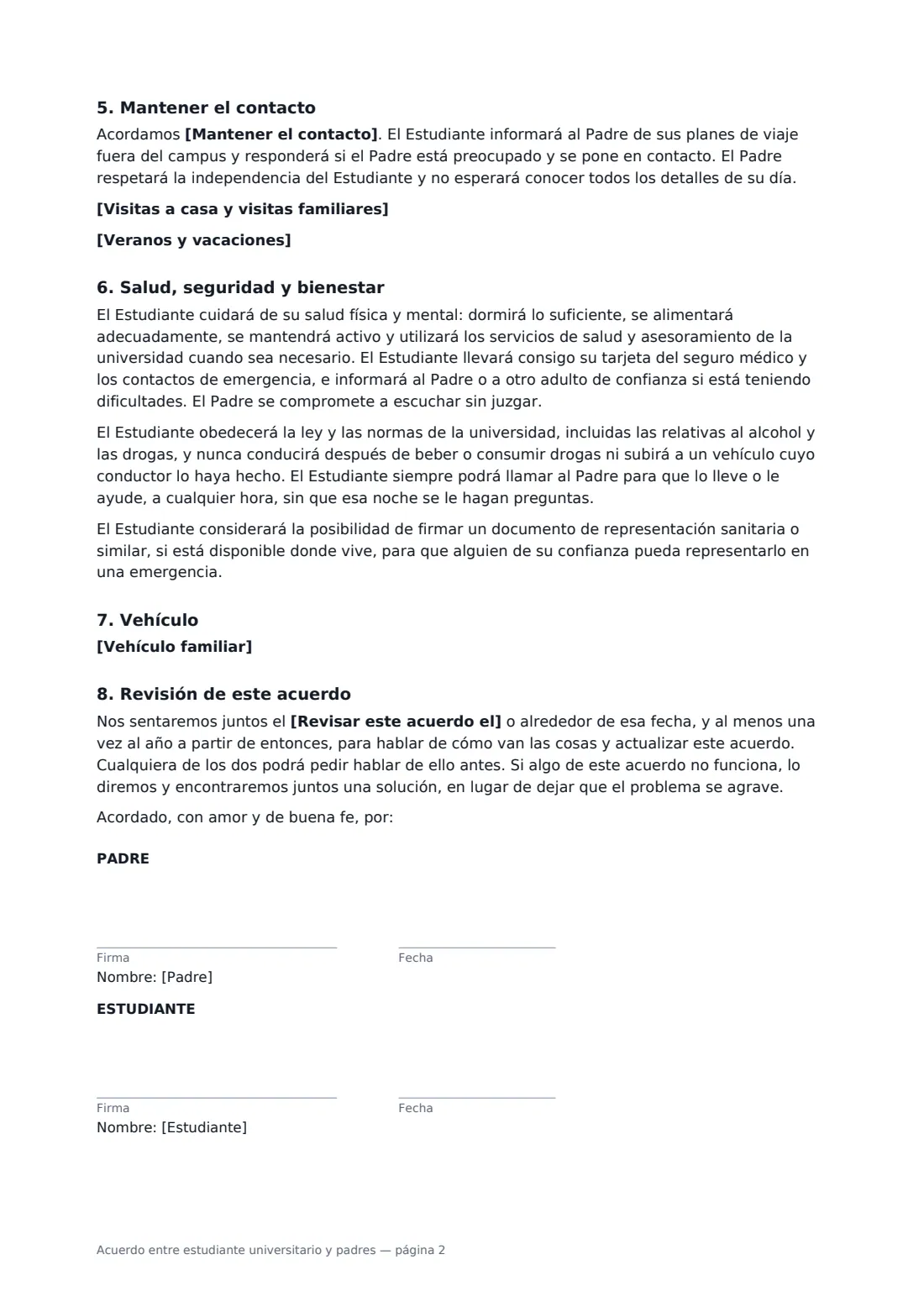 Acuerdo entre estudiante universitario y padres: página 2 de 2