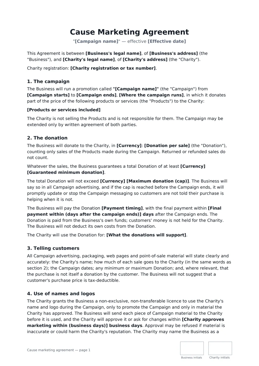 Cause marketing agreement — page 1 of 3