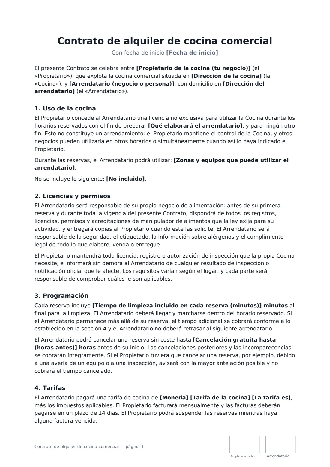 Contrato de alquiler de cocina comercial: página 1 de 4