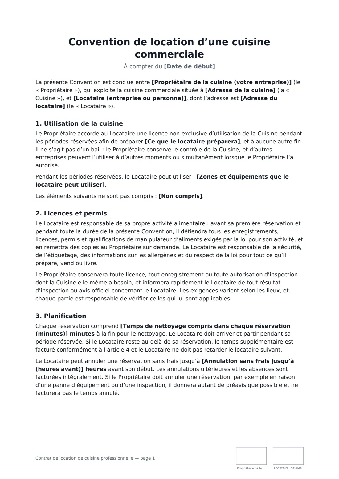 Contrat de location de cuisine professionnelle — page 1 sur 4