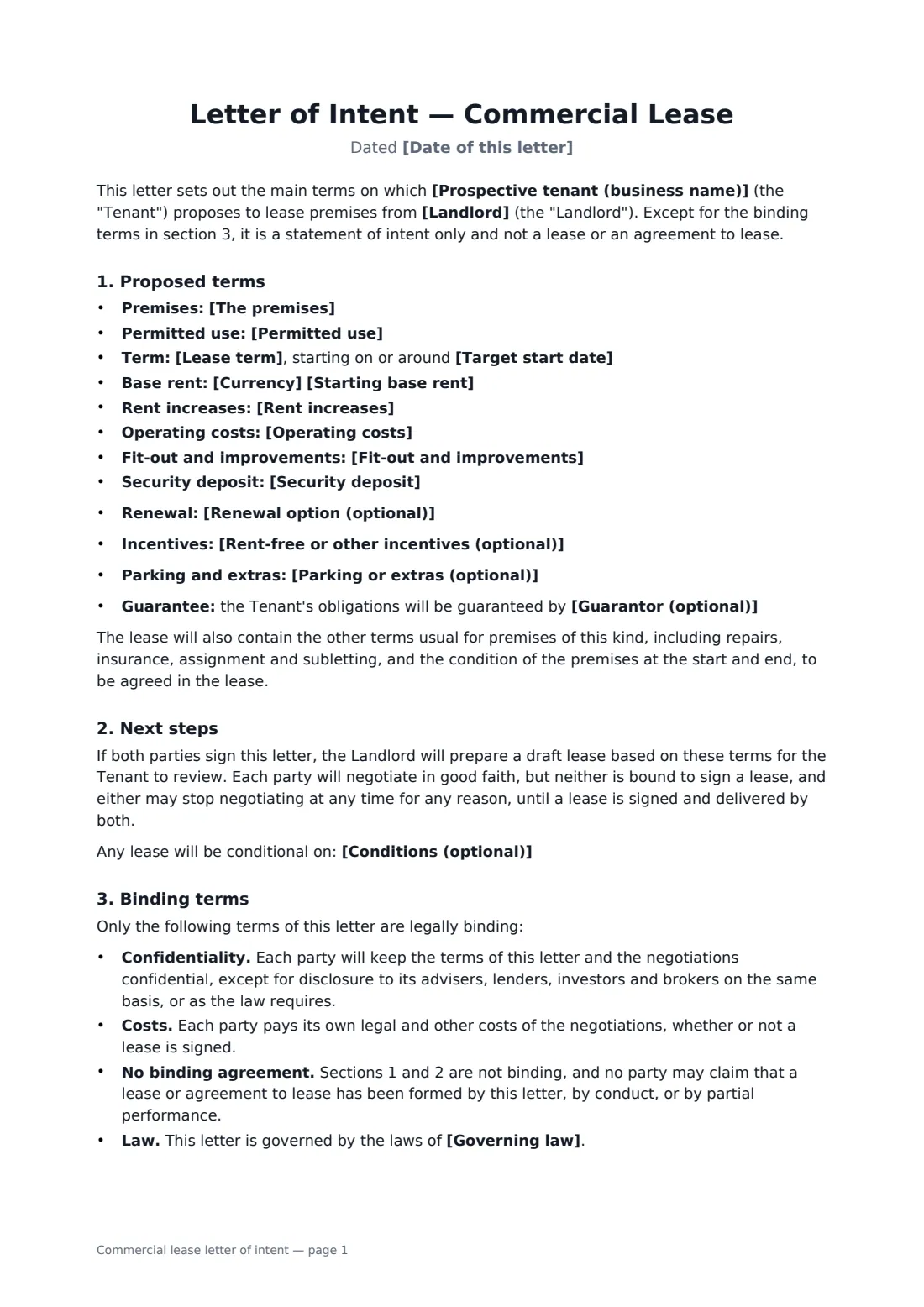 Commercial lease letter of intent — page 1 of 2