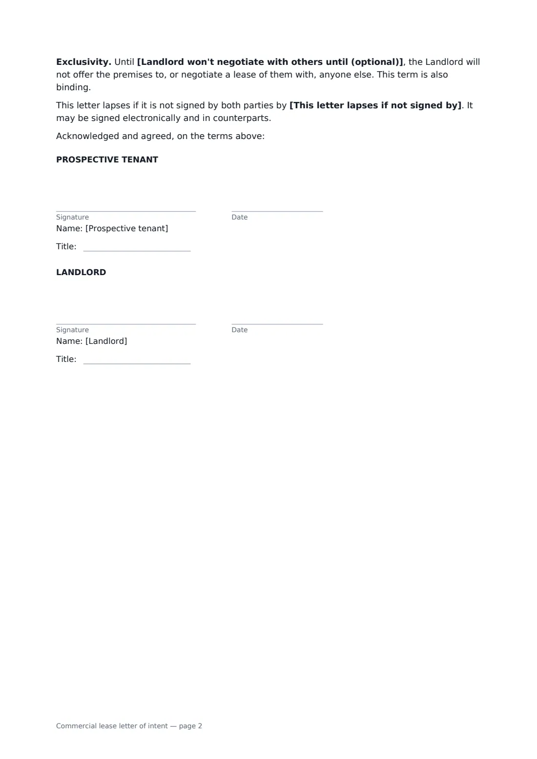 Commercial lease letter of intent — page 2 of 2
