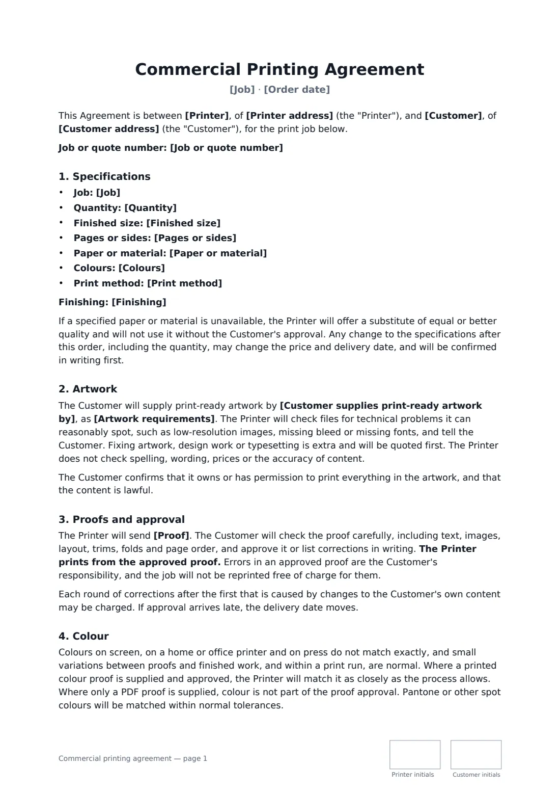 Commercial printing agreement — page 1 of 3