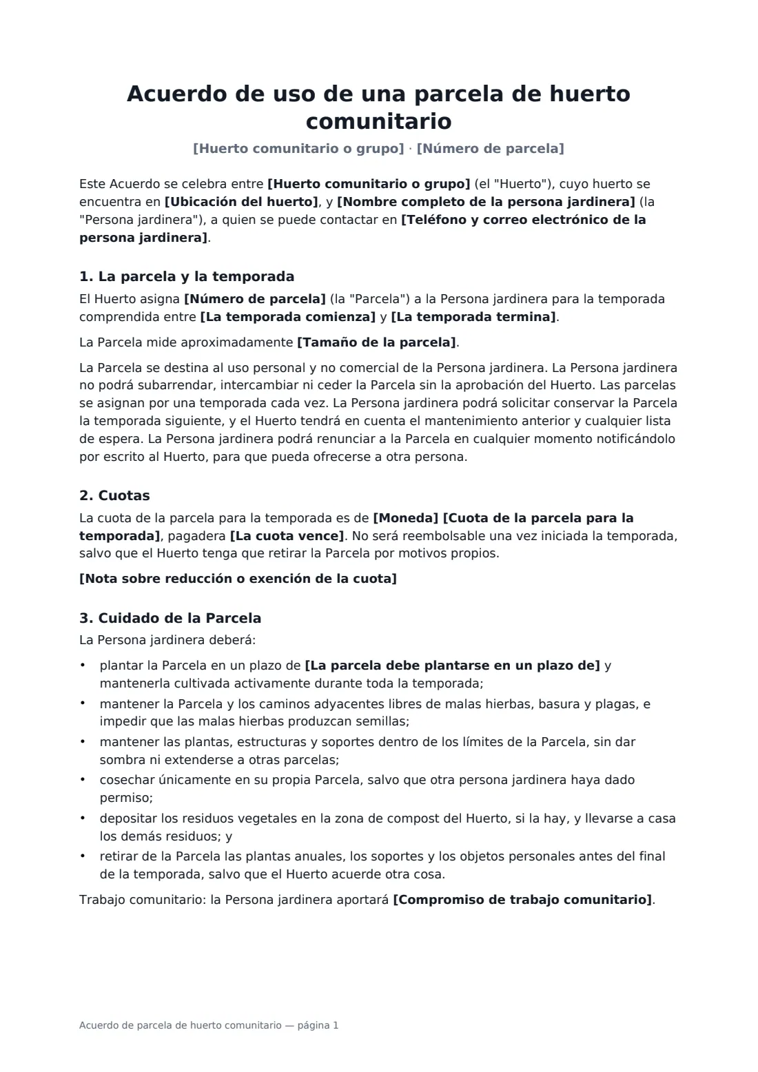 Acuerdo de parcela de huerto comunitario: página 1 de 3