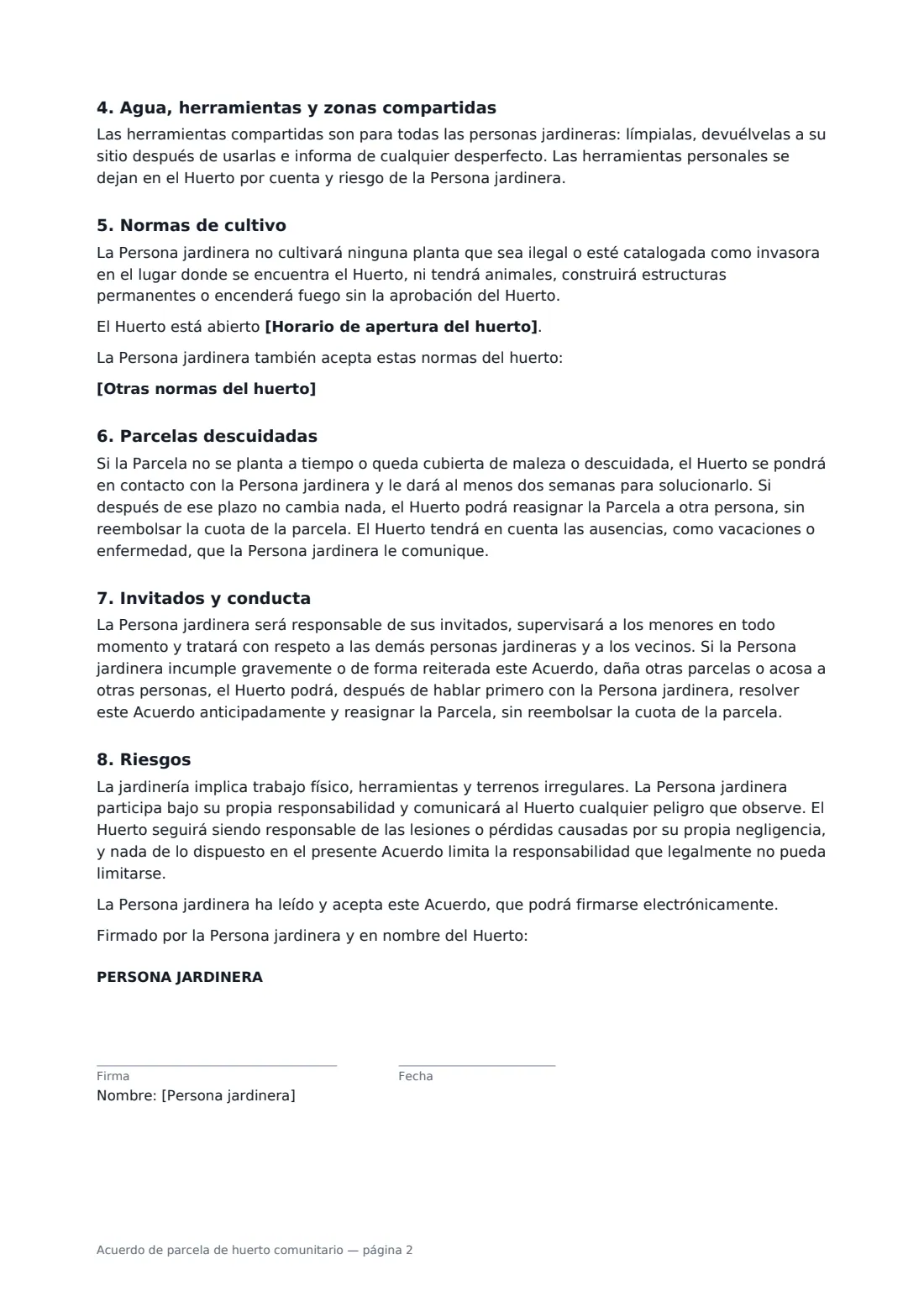 Acuerdo de parcela de huerto comunitario: página 2 de 3