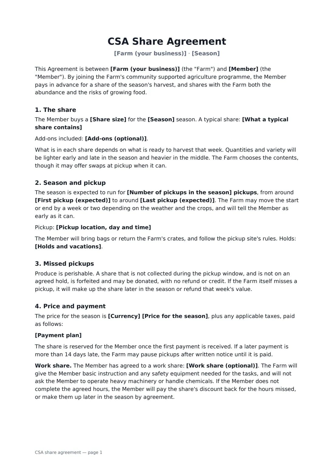 CSA share agreement — page 1 of 2