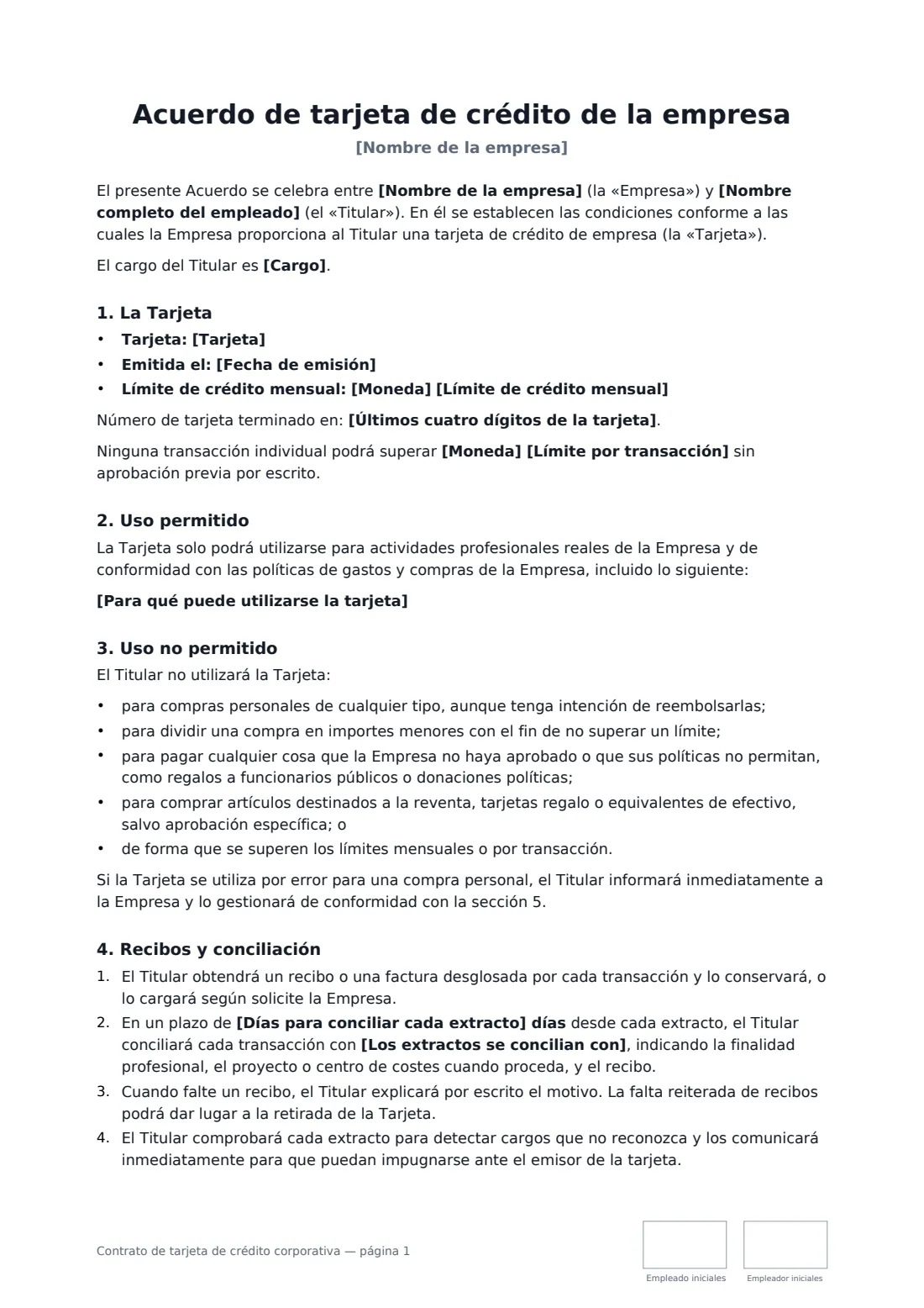 Contrato de tarjeta de crédito corporativa: página 1 de 3