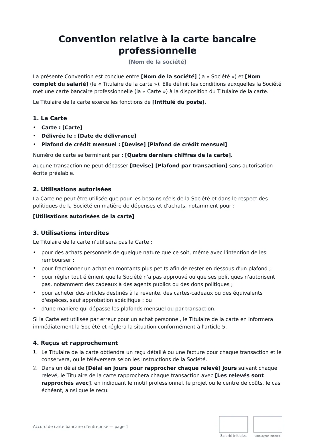 Accord de carte bancaire d’entreprise — page 1 sur 3