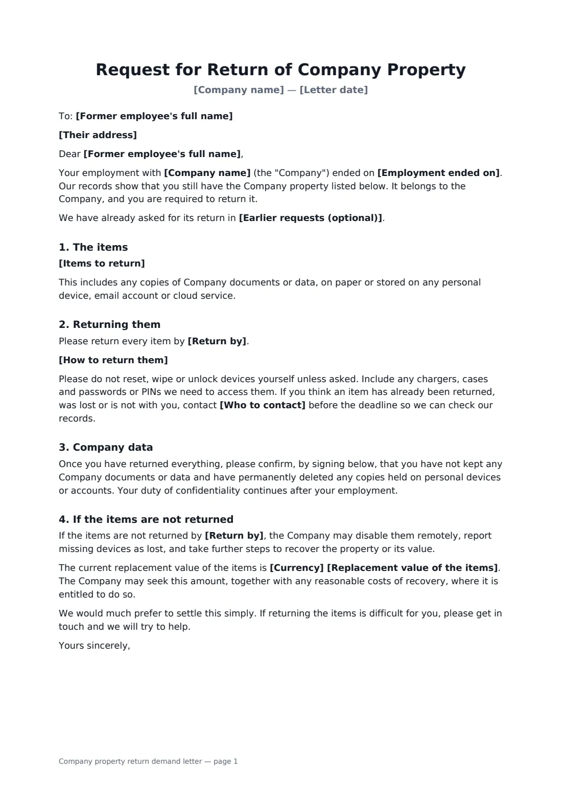 Company property return demand letter — page 1 of 2