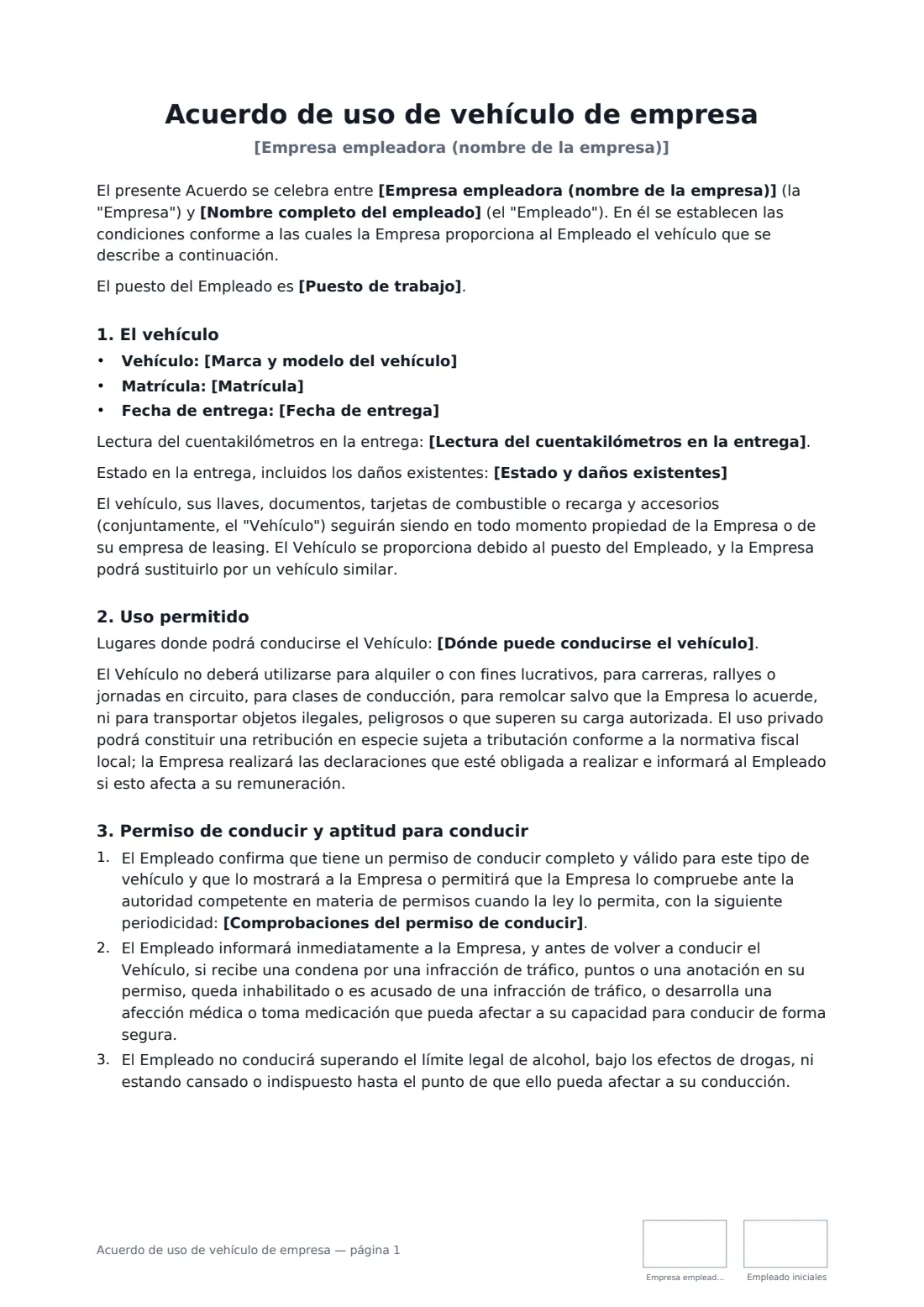 Acuerdo de uso de vehículo de empresa: página 1 de 3
