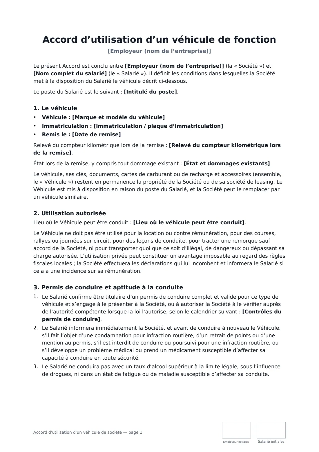 Accord d'utilisation d'un véhicule de société — page 1 sur 3