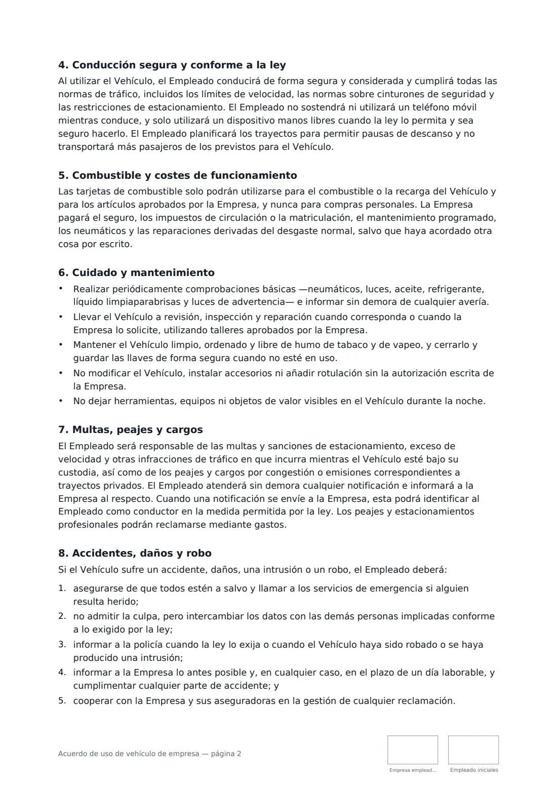 Acuerdo de uso de vehículo de empresa: página 2 de 3