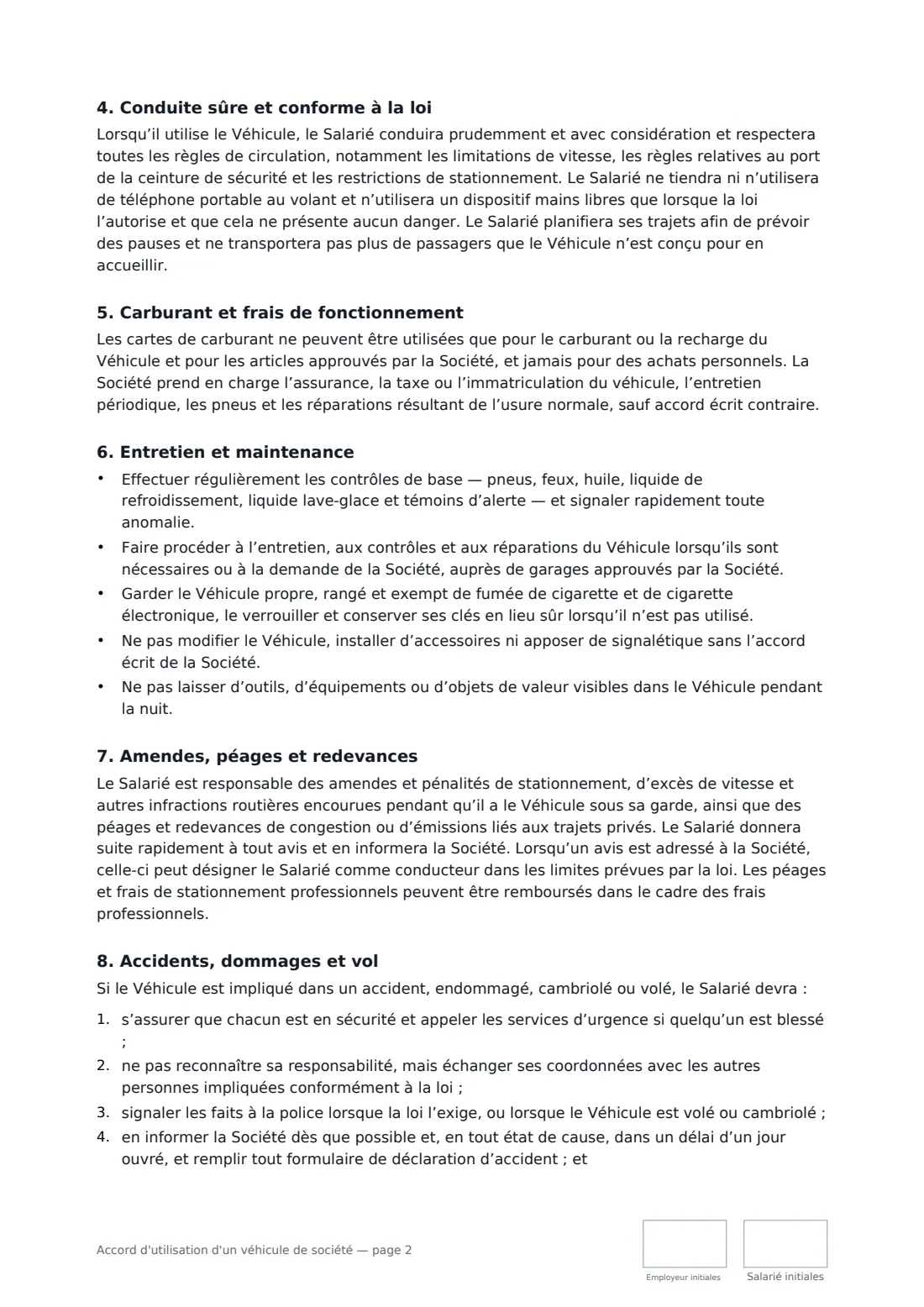 Accord d'utilisation d'un véhicule de société — page 2 sur 3