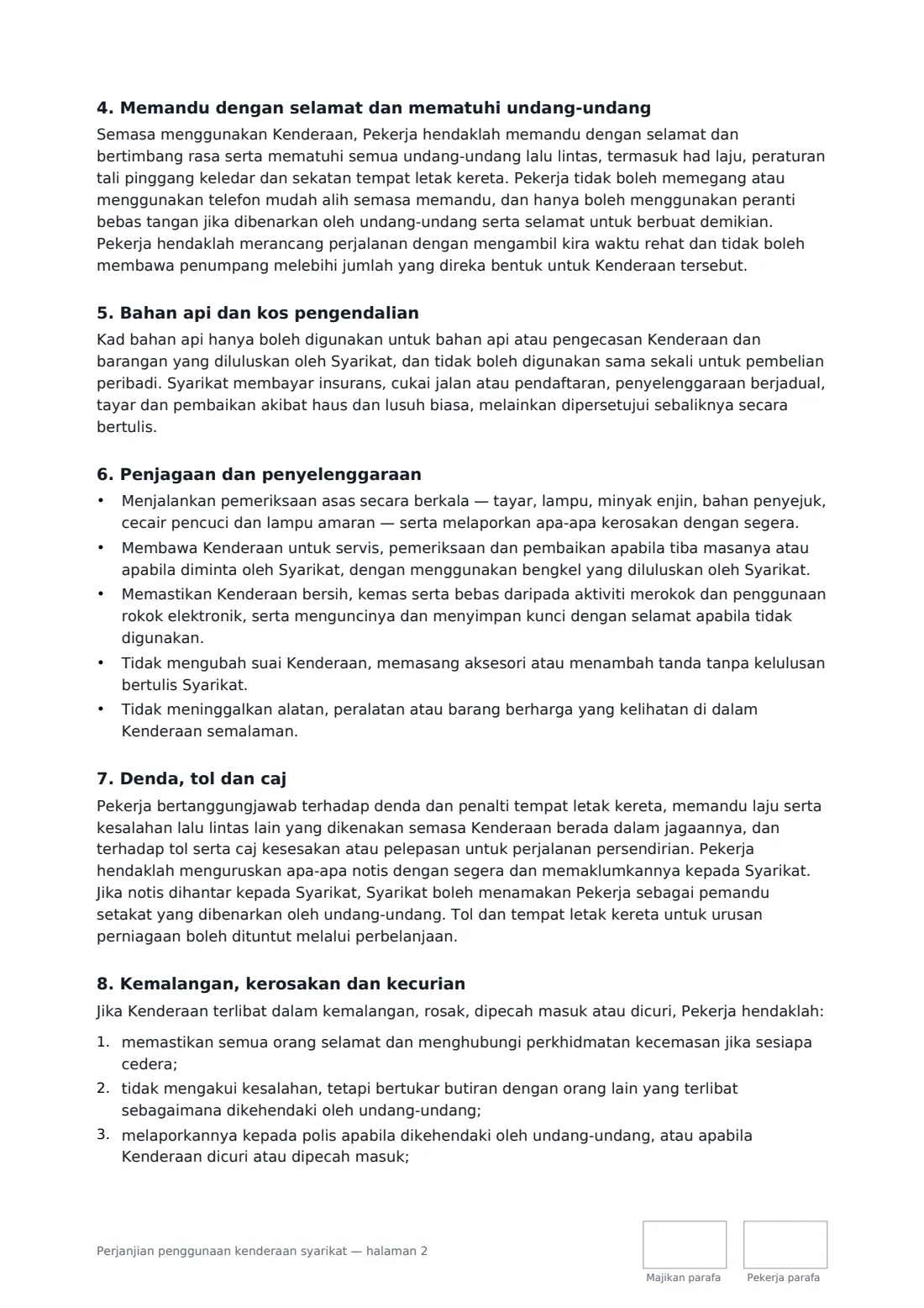 Perjanjian penggunaan kenderaan syarikat — halaman 2 daripada 3