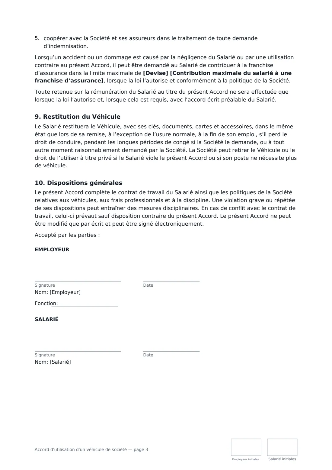 Accord d'utilisation d'un véhicule de société — page 3 sur 3