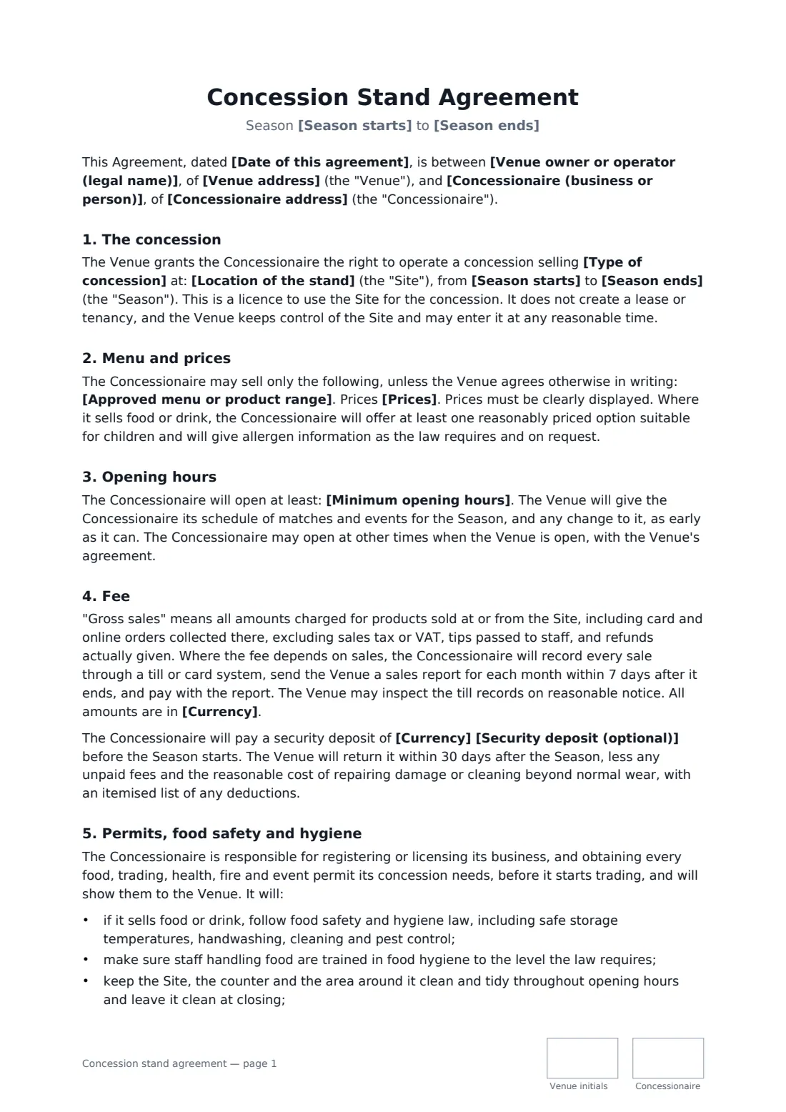 Concession stand agreement — page 1 of 3