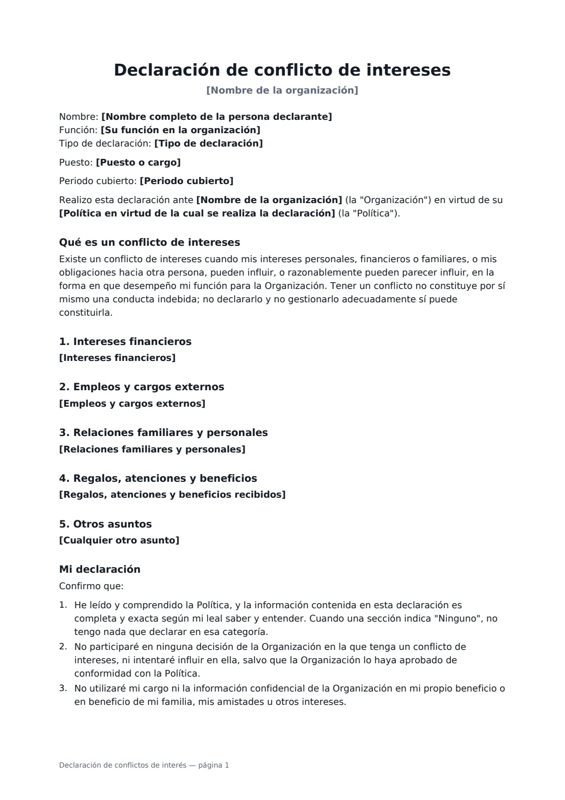 Declaración de conflictos de interés: página 1 de 2