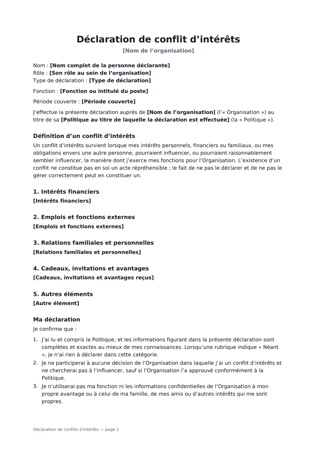 Déclaration de conflits d’intérêts — page 1 sur 2