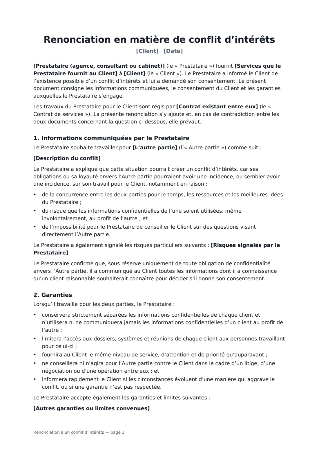 Renonciation à un conflit d’intérêts — page 1 sur 2
