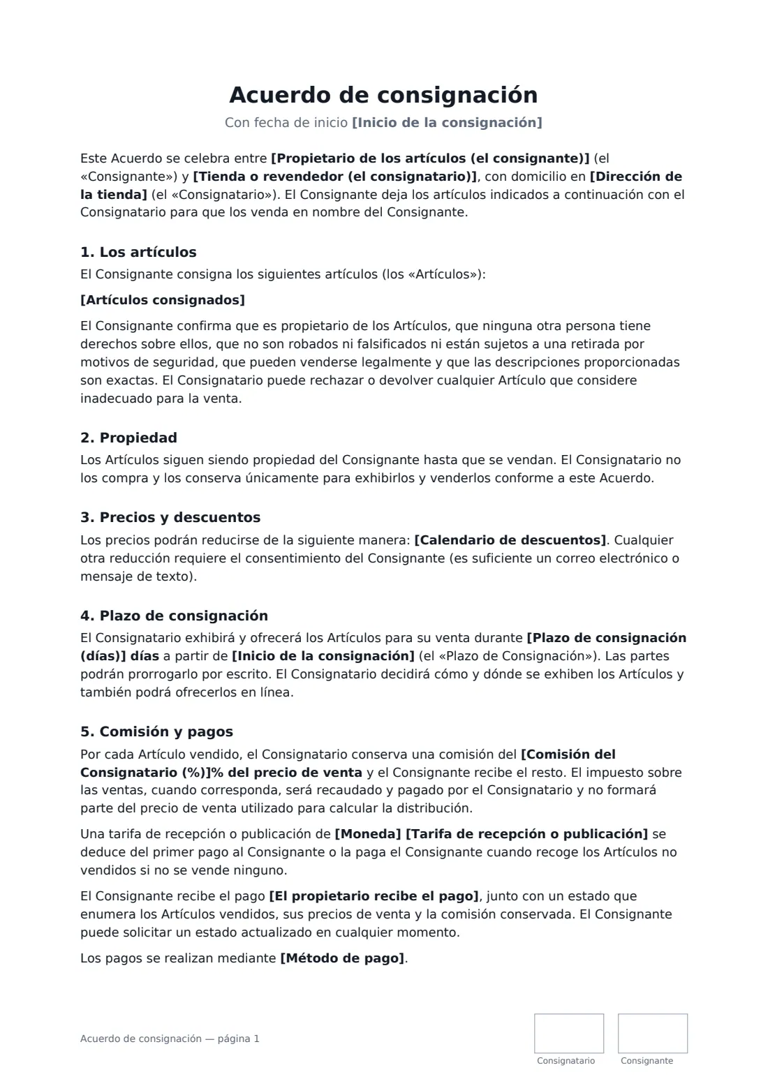Acuerdo de consignación: página 1 de 2