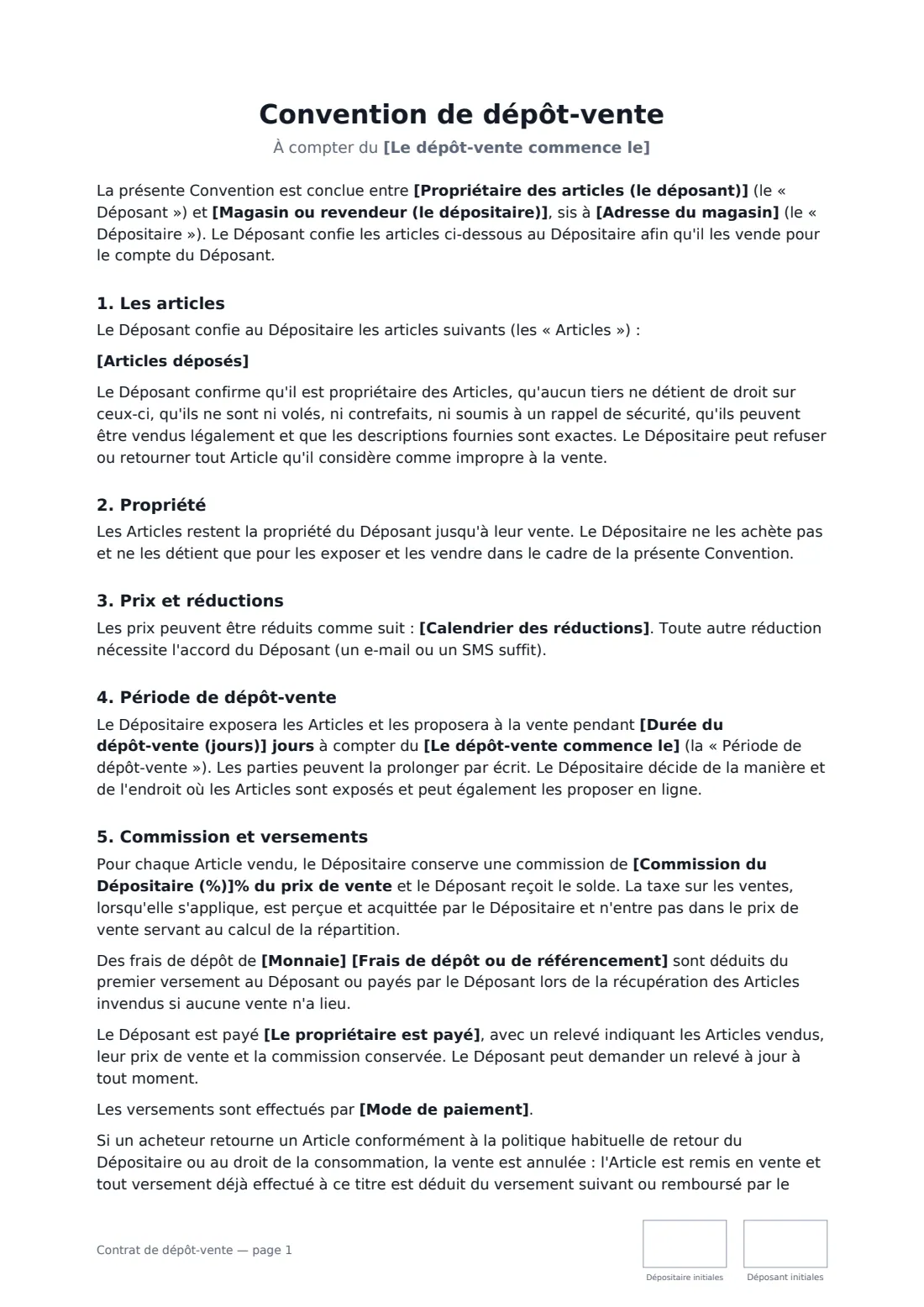 Contrat de dépôt-vente — page 1 sur 2