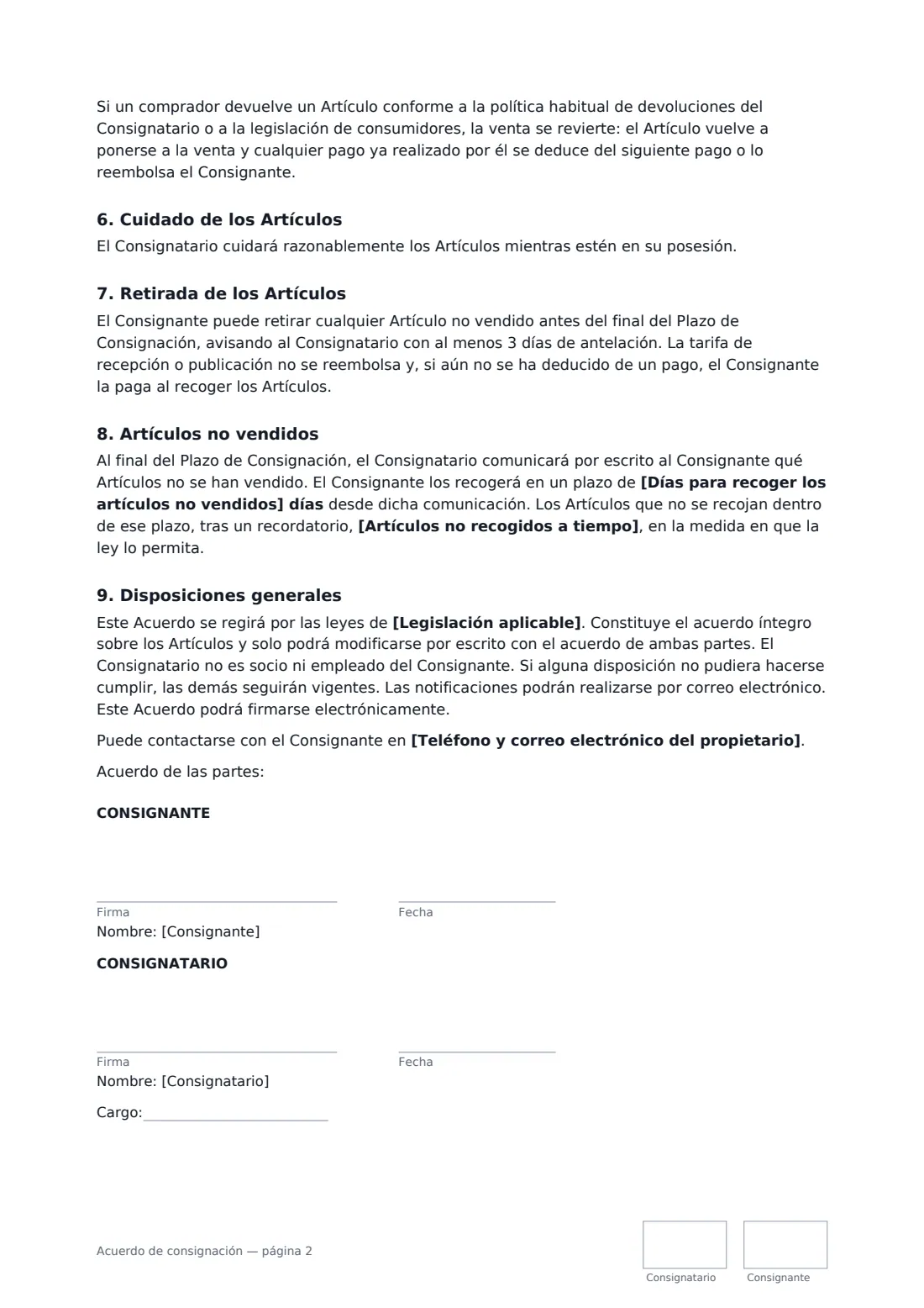 Acuerdo de consignación: página 2 de 2