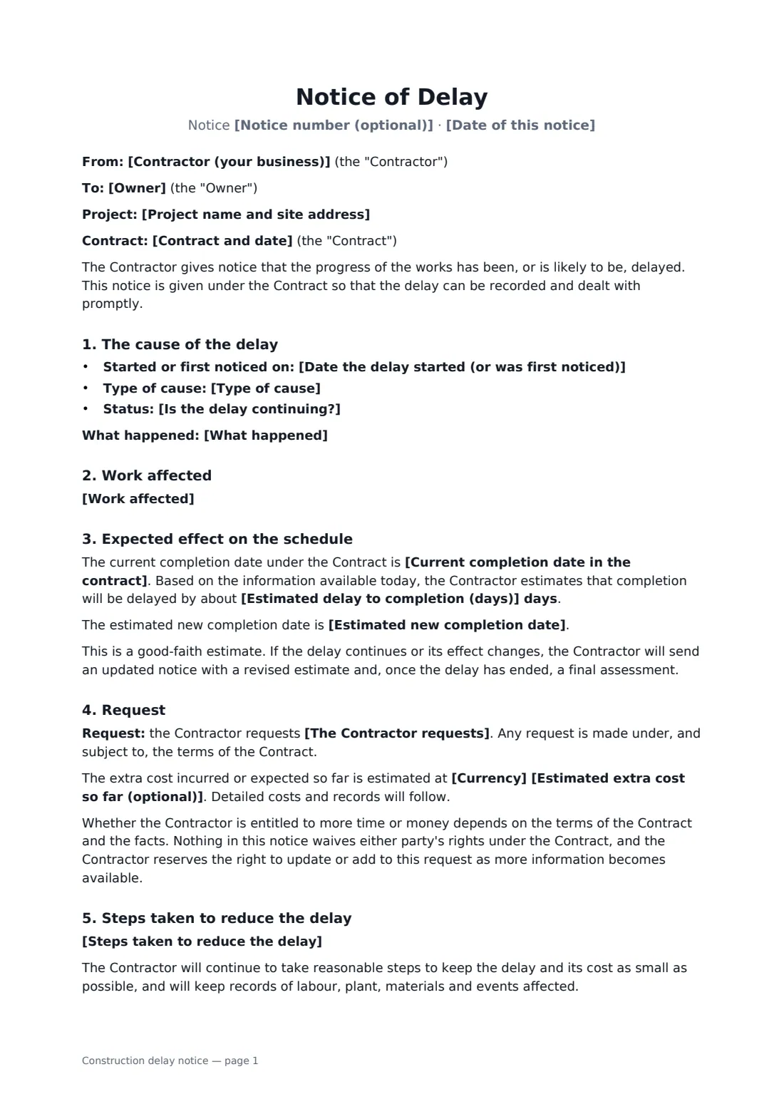 Construction delay notice — page 1 of 2