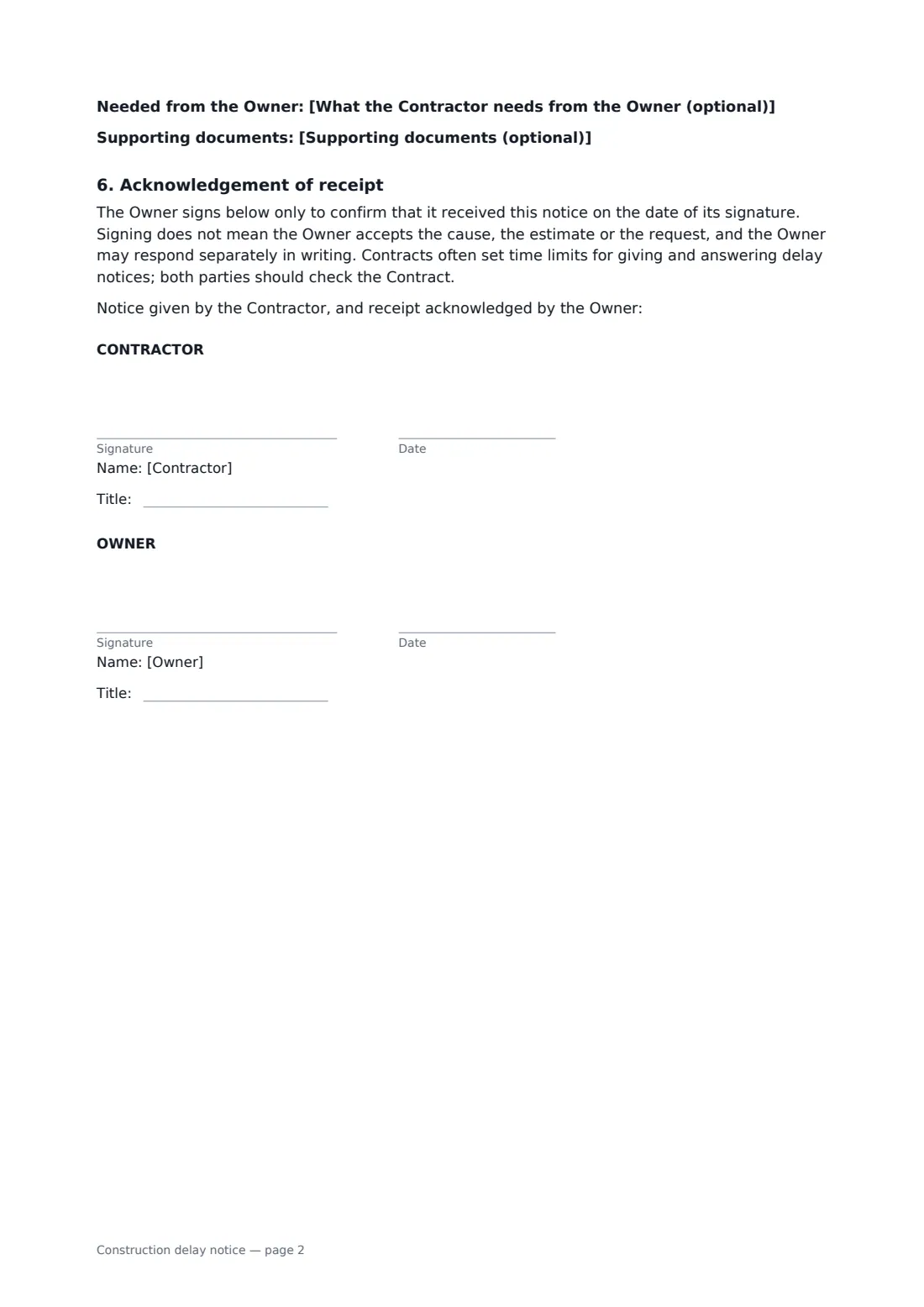Construction delay notice — page 2 of 2